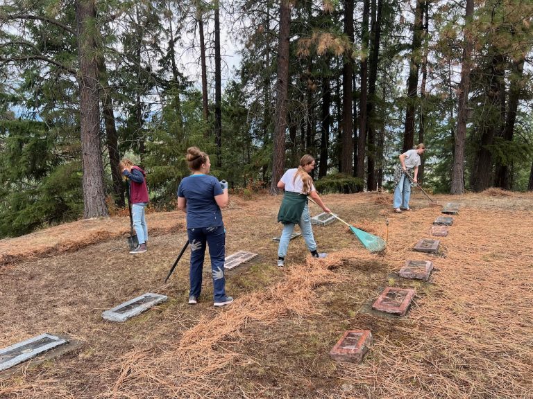 Volunteers raking the old section under the pines