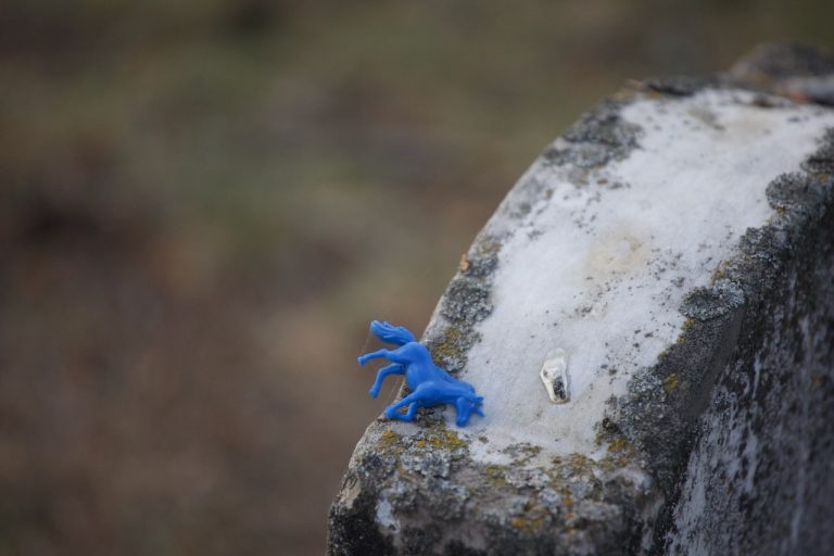 A small toy horse left on a headstone