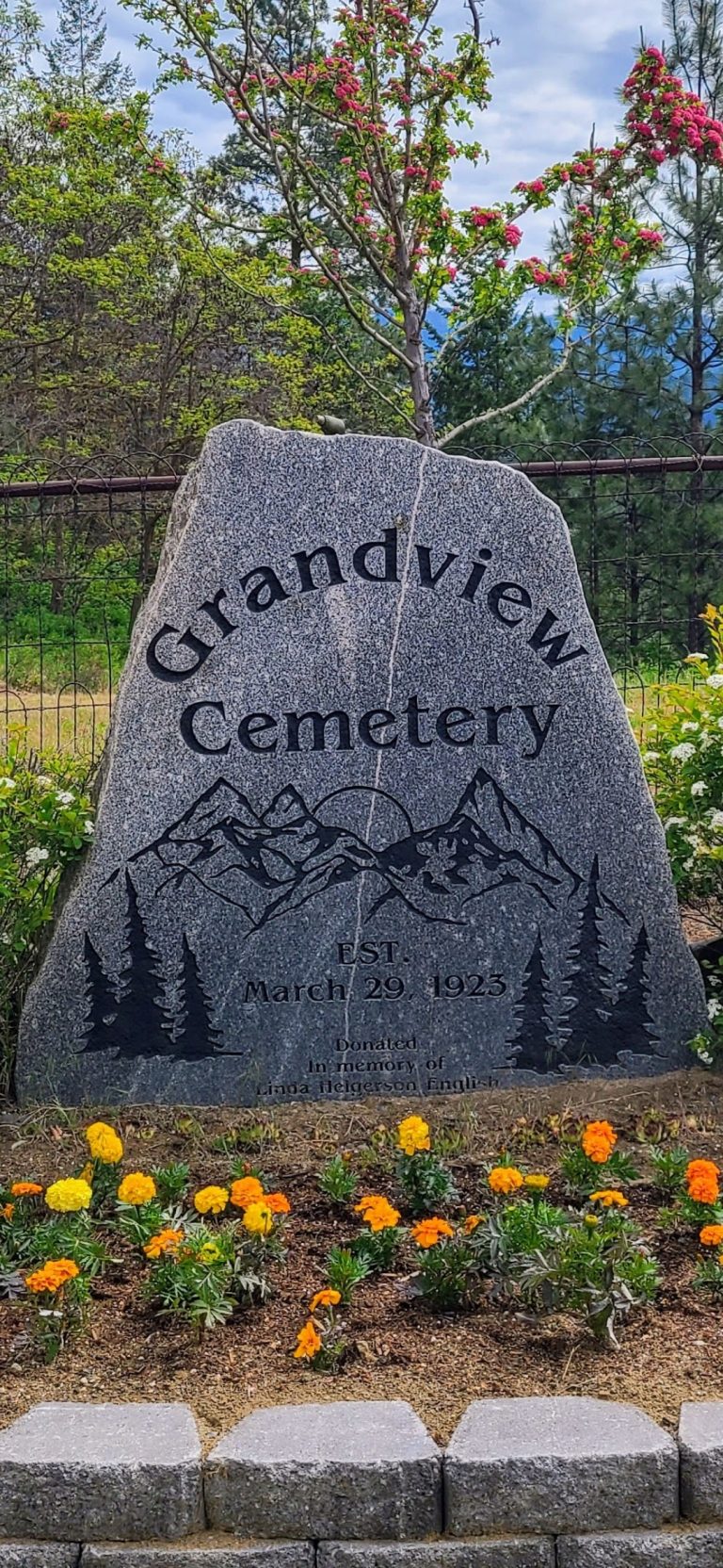 The carved Grandview Cemetery entrance stone